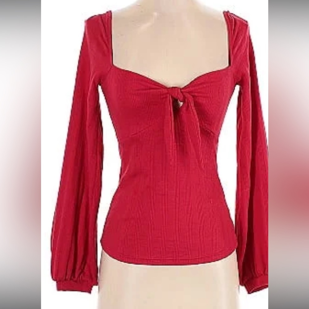 Free‎ People Red Ribbed Tie Front Long Sleeve Sweetheart Neck Top XS